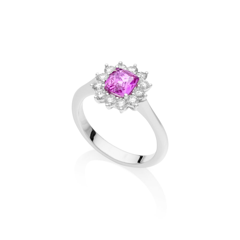 cushion cut pink sapphire halo ring